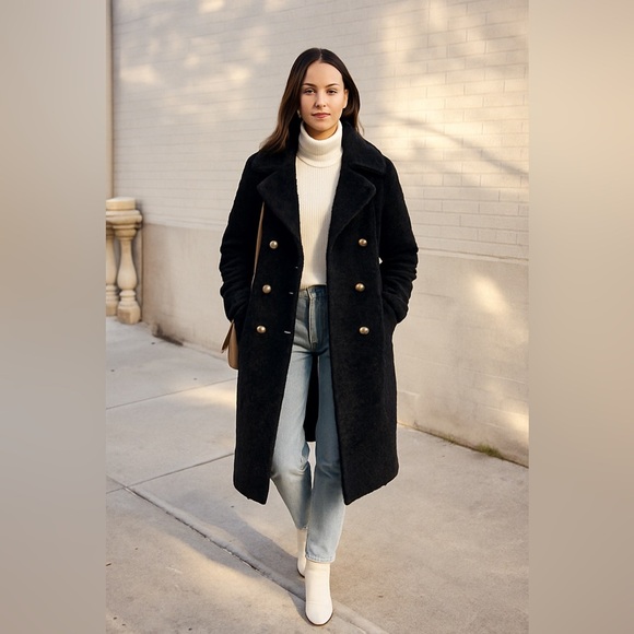 Vintage 1970s Union‑Made Black Fuzzy Peacoat – Double‑Breasted Textured Coat (Si - Picture 1 of 11